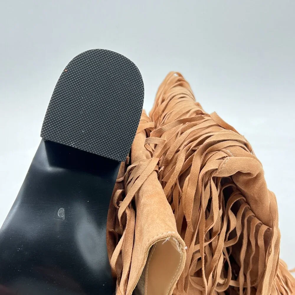 Light Brown Women Cowgirl Layer Fringe Tassel Knee High Long Boot Western Boots